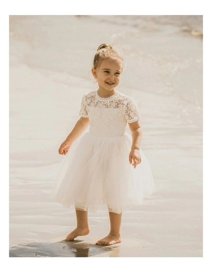 Lace Bodice W Back Bow Dress 3-7 Years in White image 3