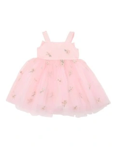 Floral Embroidered Back Bow Tulle Dress in Pink