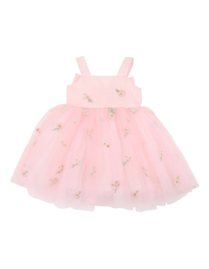 Floral Embroidered Back Bow Tulle Dress in Pink image 1