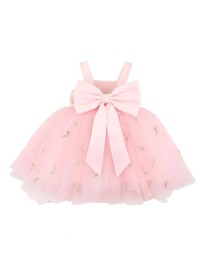 Floral Embroidered Back Bow Tulle Dress in Pink image 2
