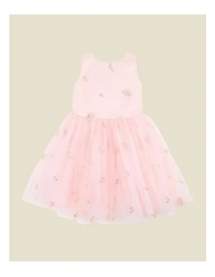 Floral Embroidered Back Bow Tulle Dress 3-10 Years in Pink