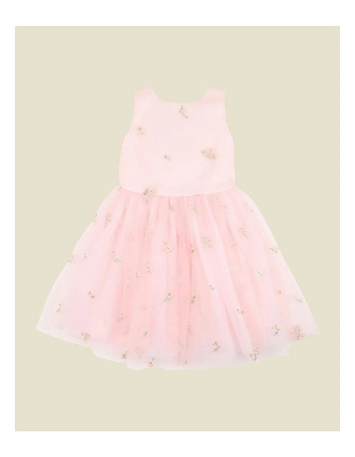 Floral Embroidered Back Bow Tulle Dress 3-10 Years in Pink image 1