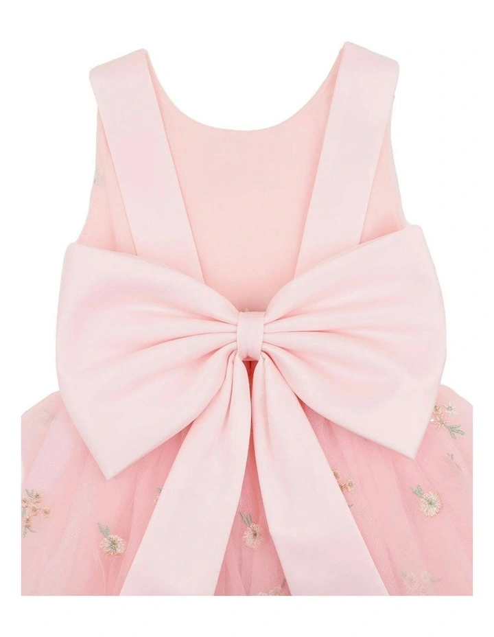 Floral Embroidered Back Bow Tulle Dress 3-10 Years in Pink image 4