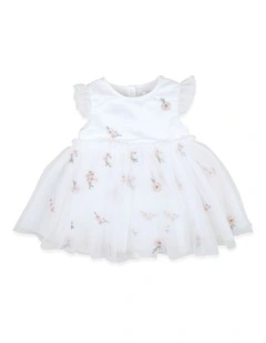 Floral Embroidered Tulle Overlay Dress in White