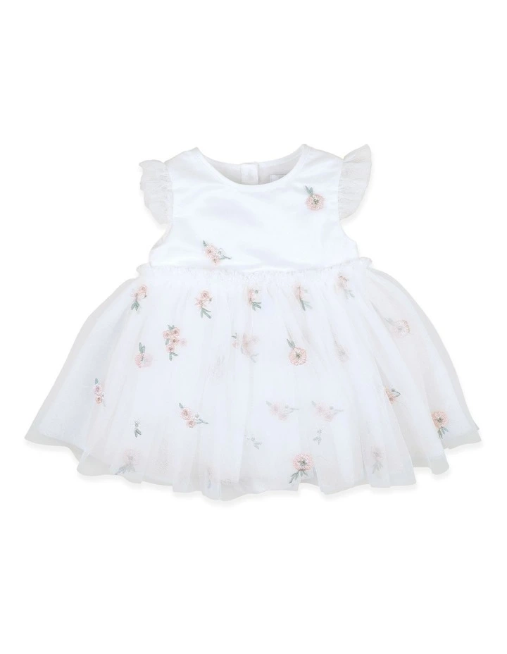 Floral Embroidered Tulle Overlay Dress in White image 1