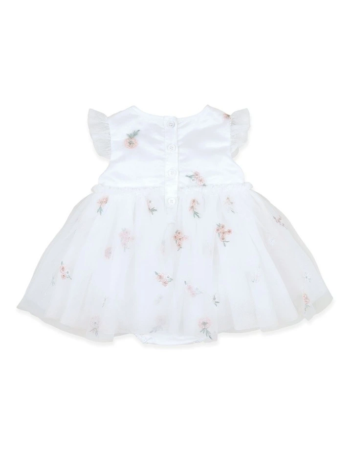 Floral Embroidered Tulle Overlay Dress in White image 2