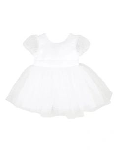 Spot Chiffon Puff Sleeve Dress With Back Bow in White