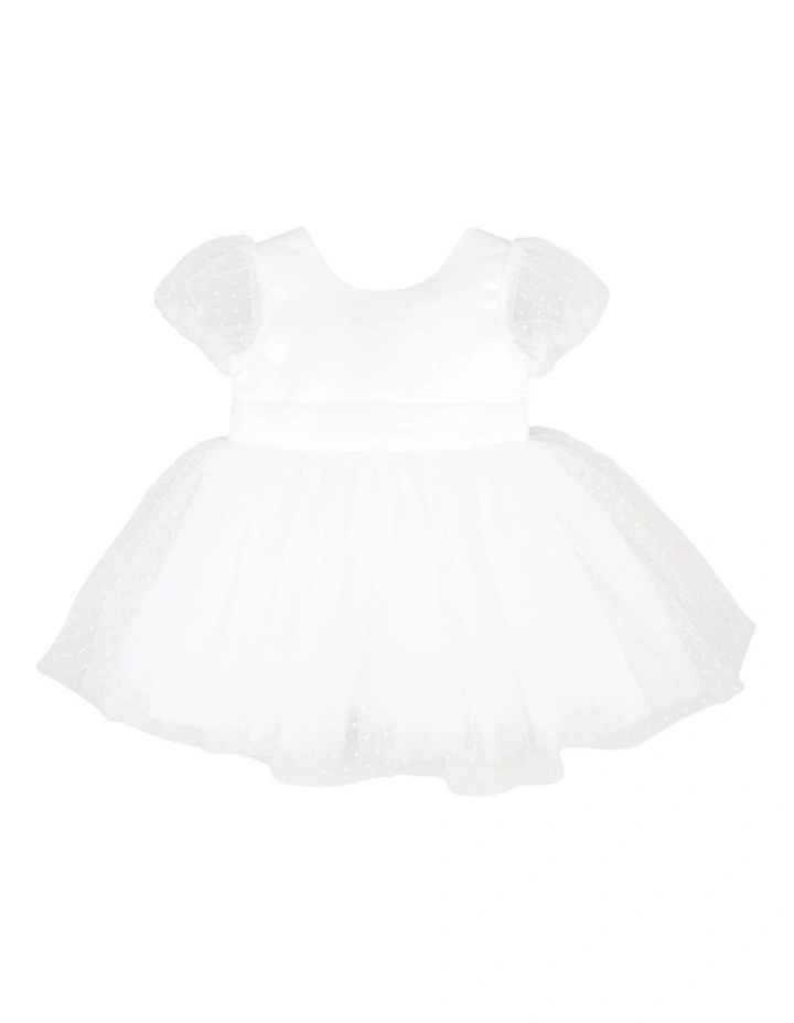 Spot Chiffon Puff Sleeve Dress With Back Bow in White image 1