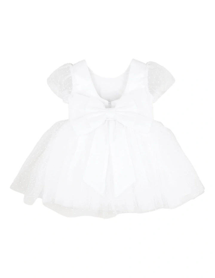 Spot Chiffon Puff Sleeve Dress With Back Bow in White image 2