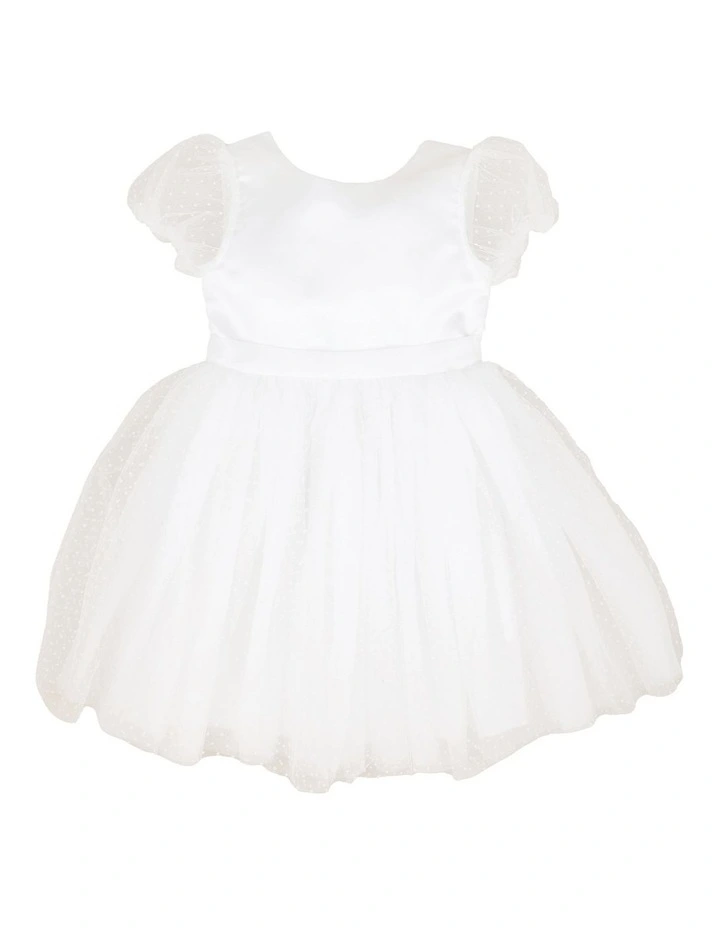 Spot Chiffon Puff Sleeve Dress With Back Bow 3-7 Years in White image 1