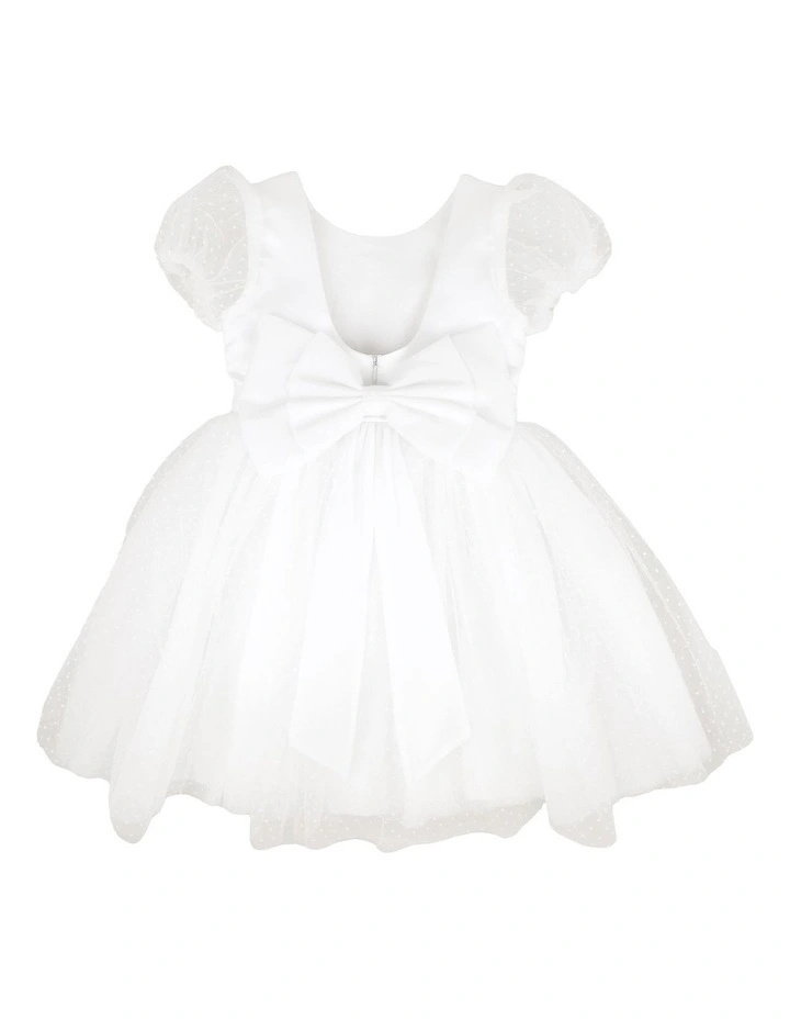 Spot Chiffon Puff Sleeve Dress With Back Bow 3-7 Years in White image 2