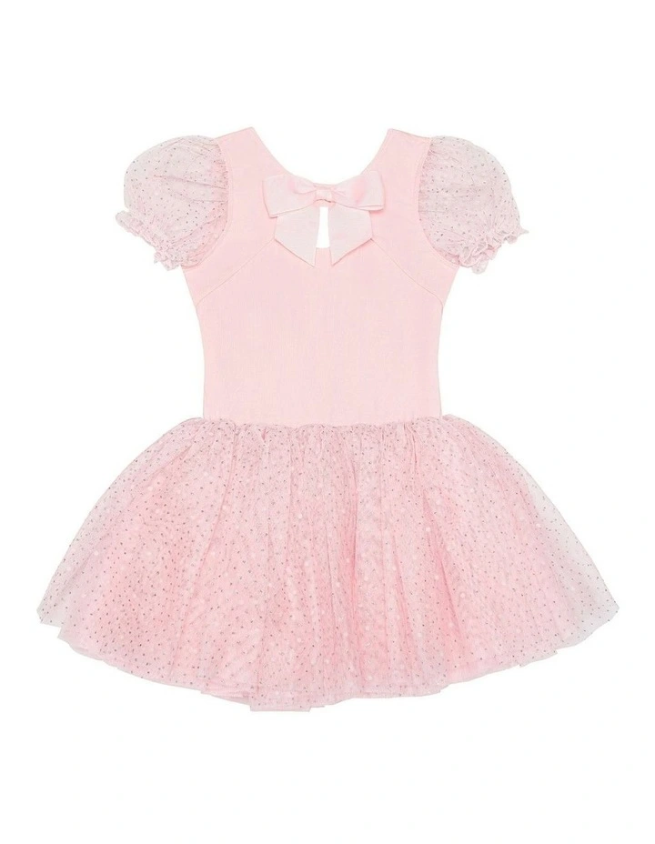 Puff Sleeve Tutu Dress with Bow in Pink image 1