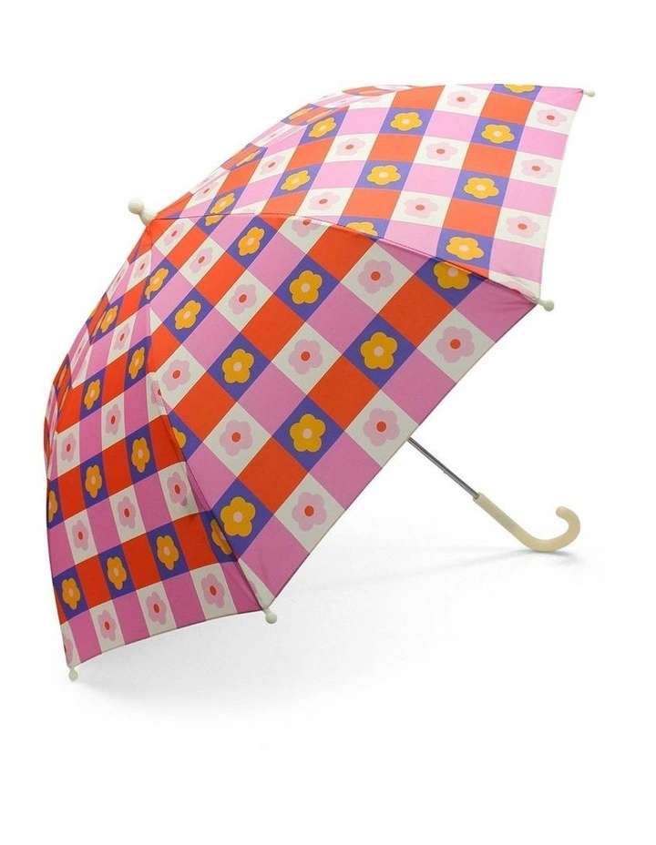 Flower Check Kids Umbrella in Blue, Pink and Peachy Orange image 1