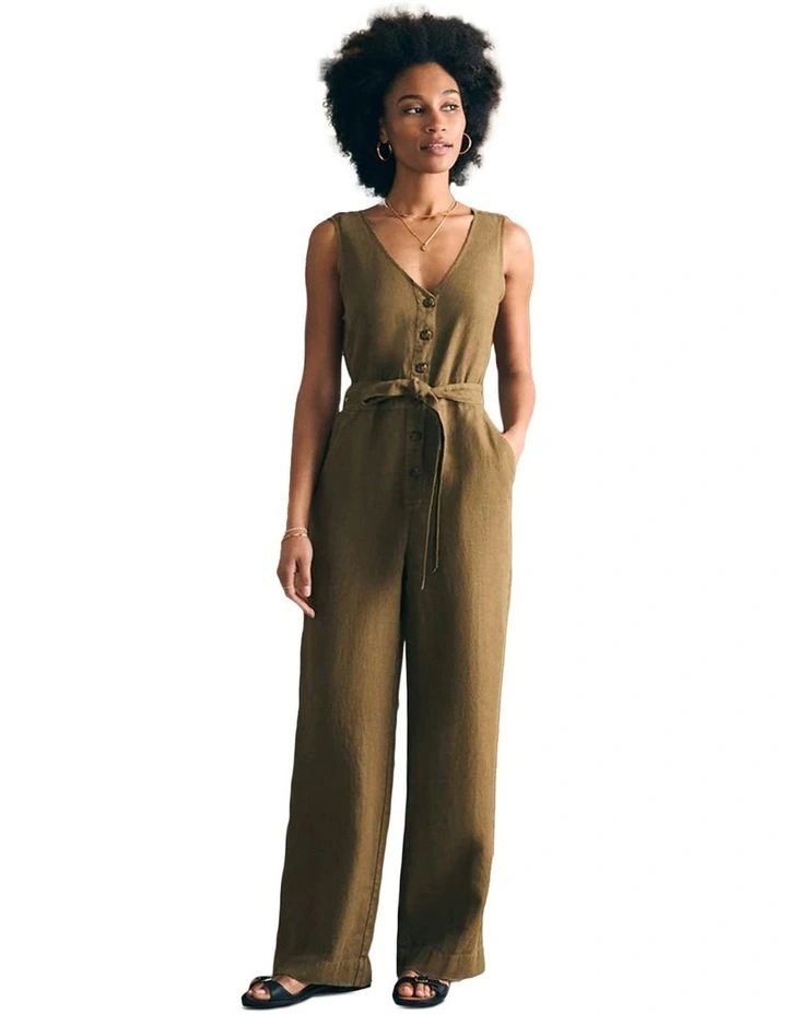 Alina Linen Jumpsuit in Olive image 1
