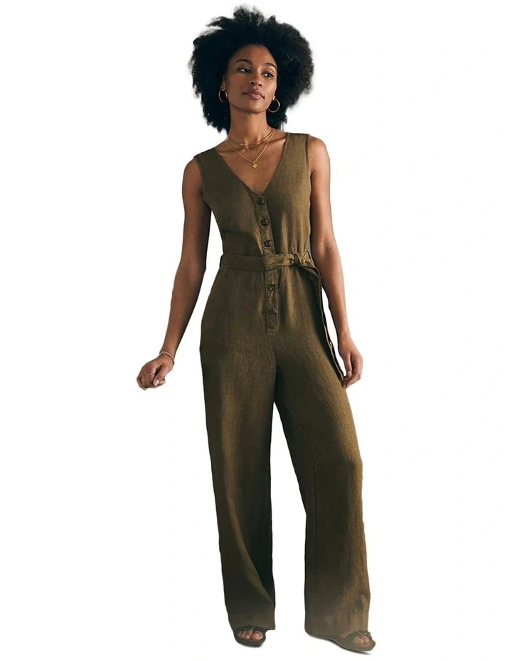 Alina Linen Jumpsuit in Olive image 3