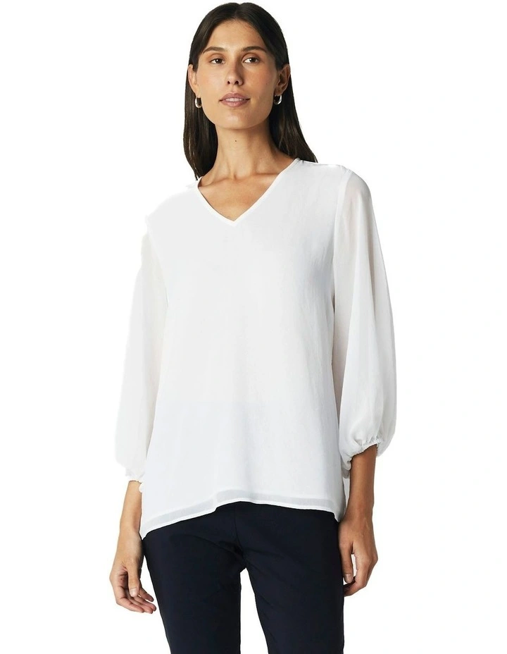 V-Neck Long Sleeve Top in White image 7
