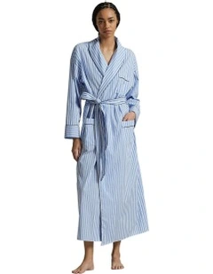 Shirting Stripes Heritage Long Cotton Robe in White Cloud/Hydrangea