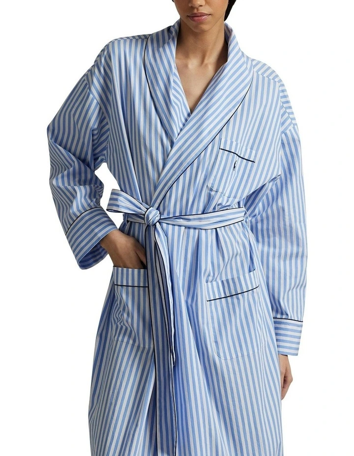 Shirting Stripes Heritage Long Cotton Robe in White Cloud/Hydrangea image 3
