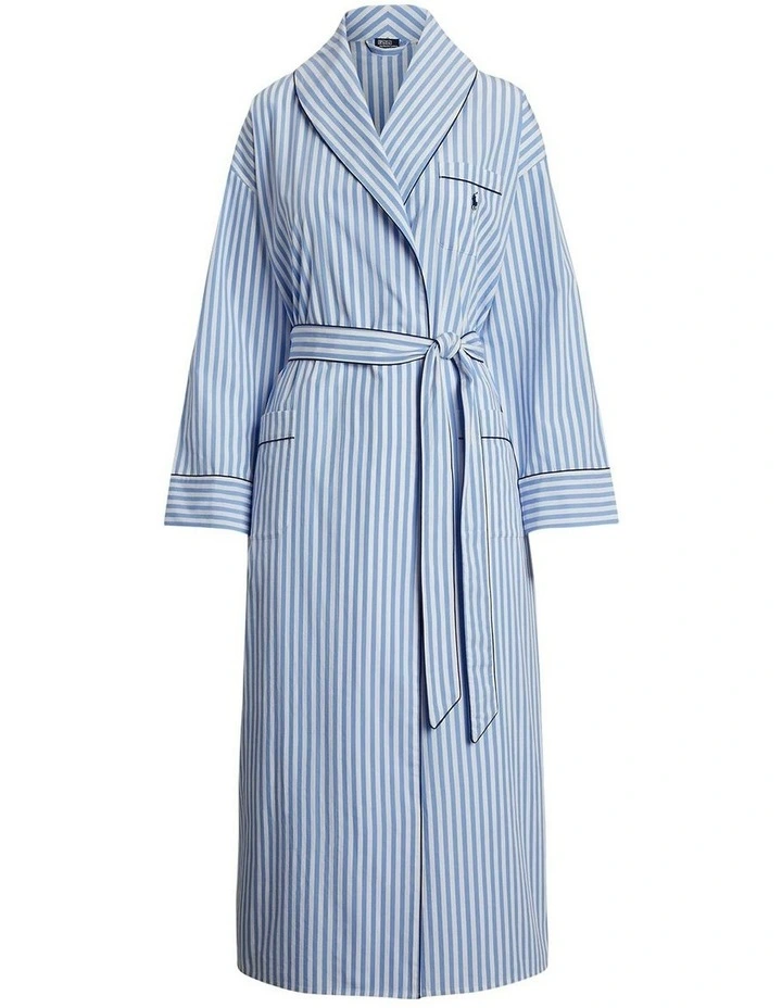 Shirting Stripes Heritage Long Cotton Robe in White Cloud/Hydrangea image 4