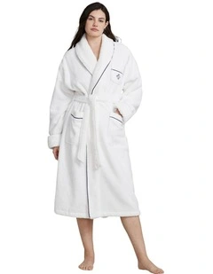 Essentials Shawl Collar Belted Cotton Terry Robe in White Cloud