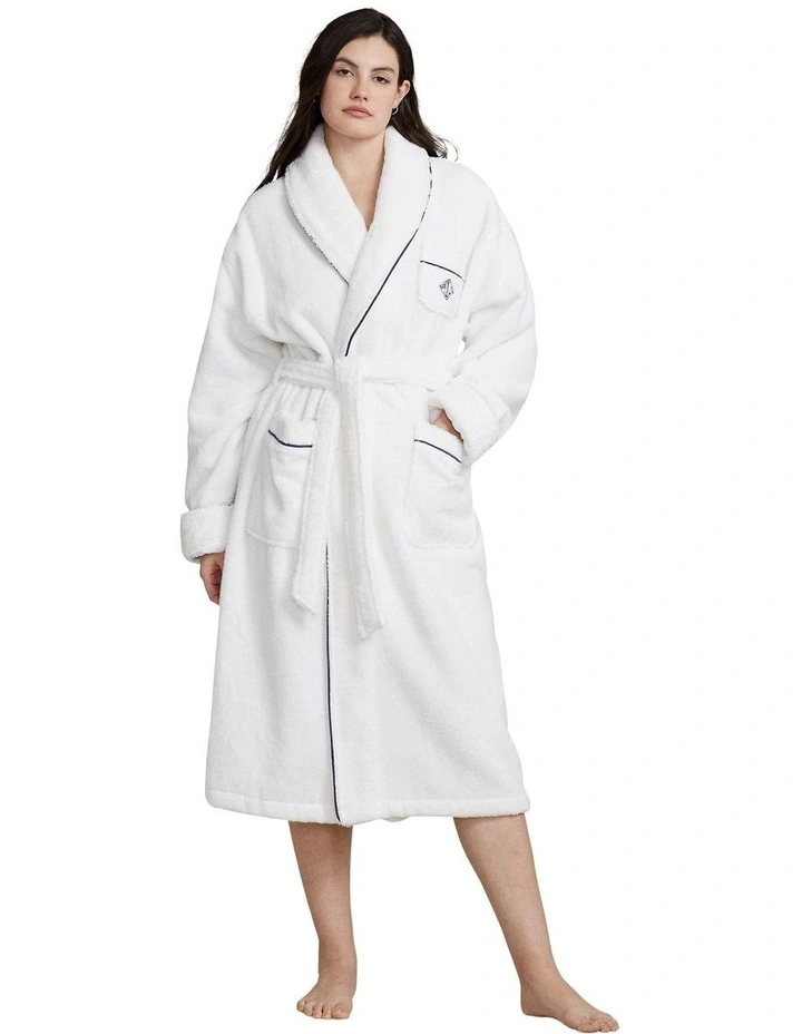 Essentials Shawl Collar Belted Cotton Terry Robe in White Cloud image 1