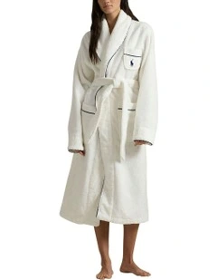 Essentials Shawl Collar Belted Cotton Terry Robe in White Cloud