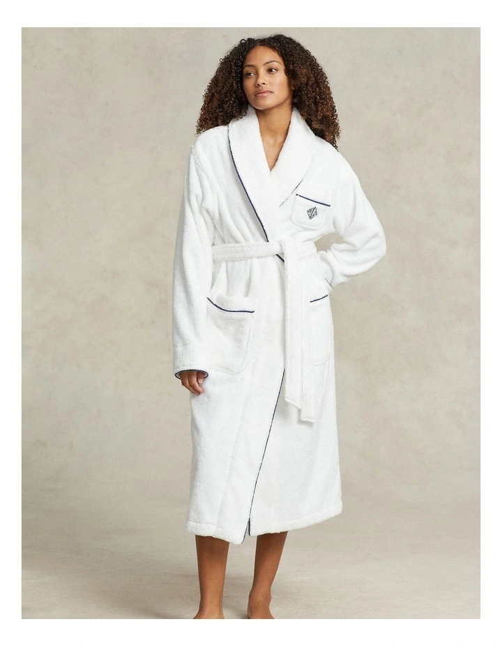 Essentials Shawl Collar Belted Cotton Terry Robe in White Cloud image 3