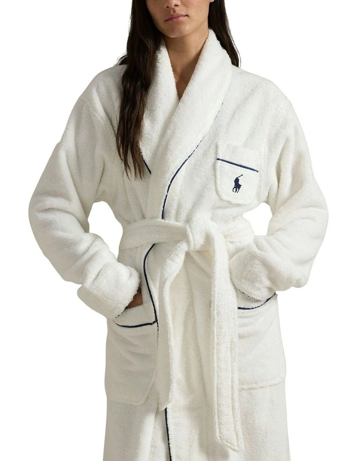 Essentials Shawl Collar Belted Cotton Terry Robe in White Cloud image 3
