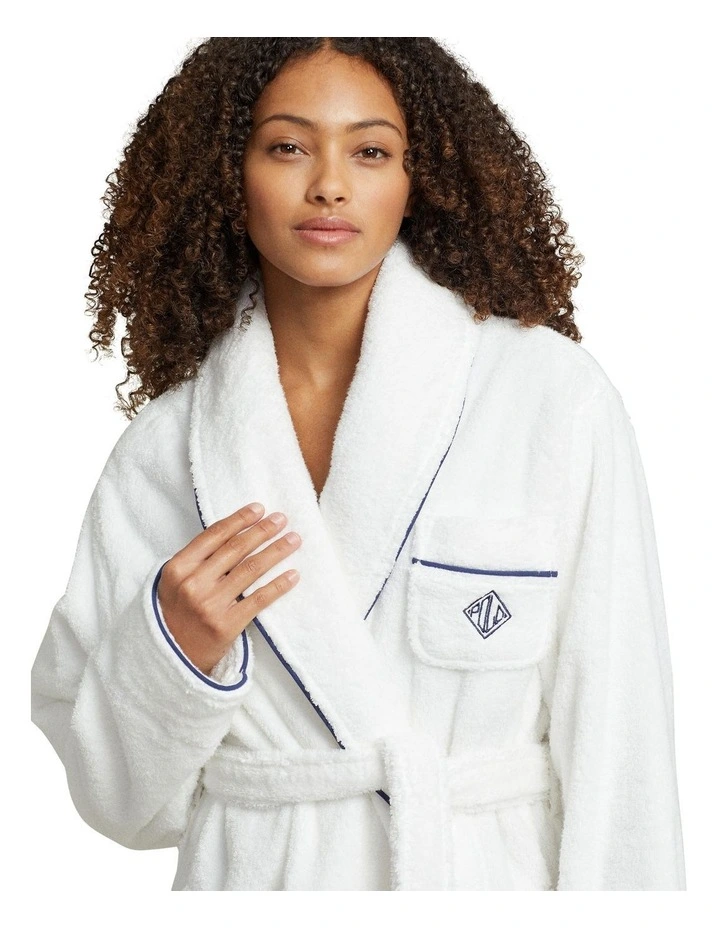 Essentials Shawl Collar Belted Cotton Terry Robe in White Cloud image 4