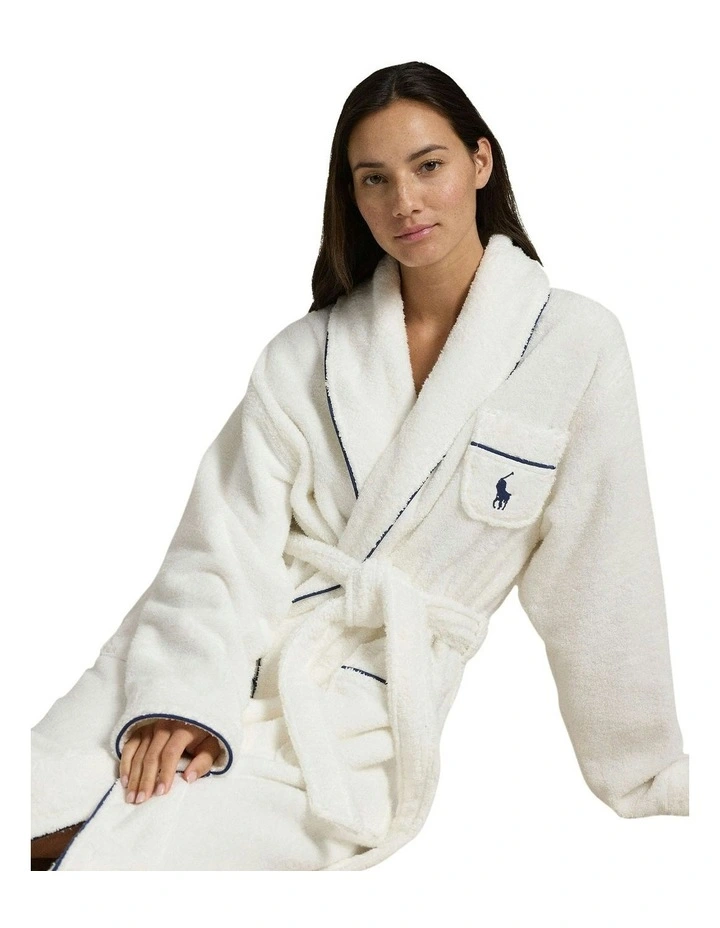 Essentials Shawl Collar Belted Cotton Terry Robe in White Cloud image 4