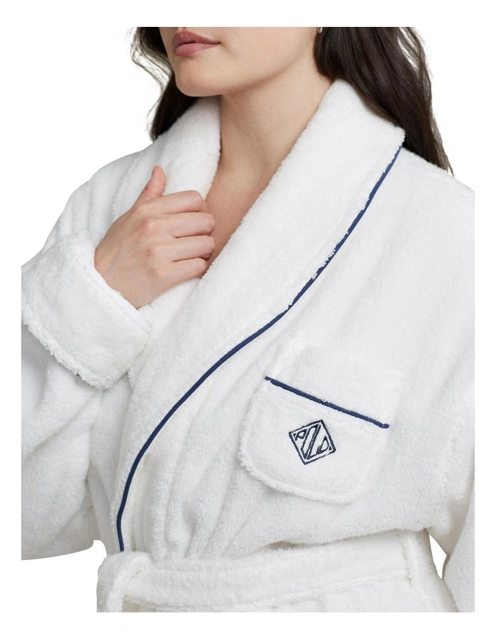 Essentials Shawl Collar Belted Cotton Terry Robe in White Cloud image 5
