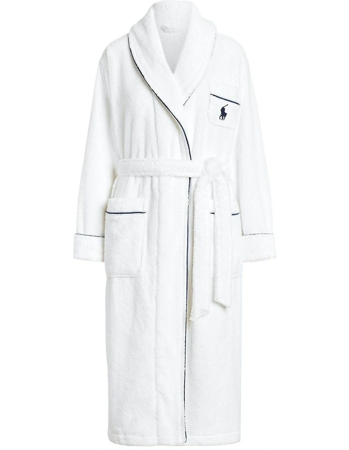 Essentials Shawl Collar Belted Cotton Terry Robe in White Cloud image 5