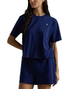 Club Terry Cotton Tee & Boxer Short Pyjama Set in Navy