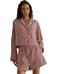 Shirting Stripes Crop Top & Boxer Short Cotton Pyjama Set in Classic Red x White Cloud