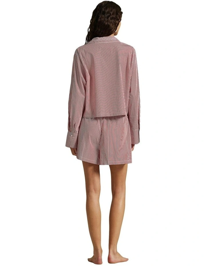 Shirting Stripes Crop Top & Boxer Short Cotton Pyjama Set in Classic Red x White Cloud image 2
