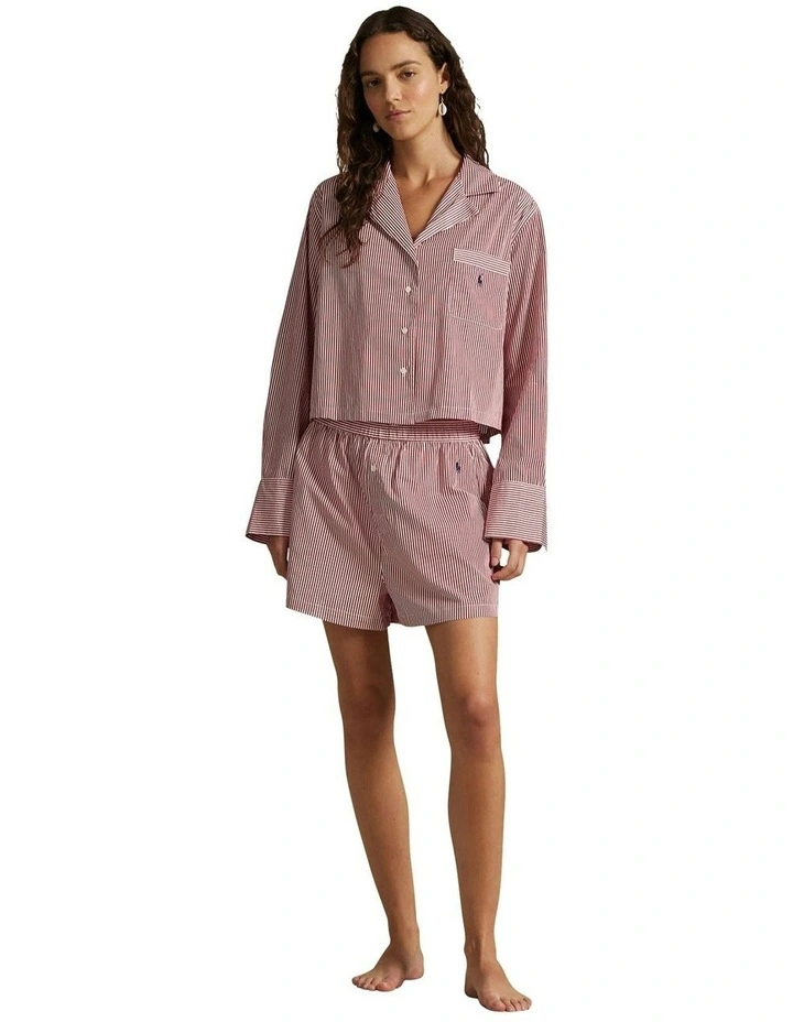 Shirting Stripes Crop Top & Boxer Short Cotton Pyjama Set in Classic Red x White Cloud image 3