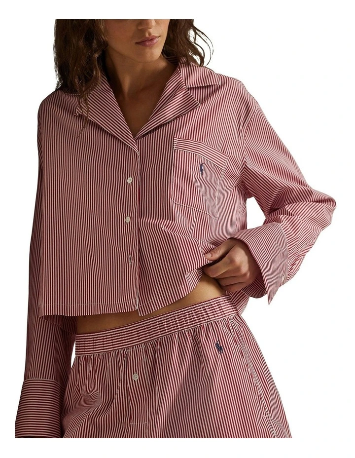 Shirting Stripes Crop Top & Boxer Short Cotton Pyjama Set in Classic Red x White Cloud image 4