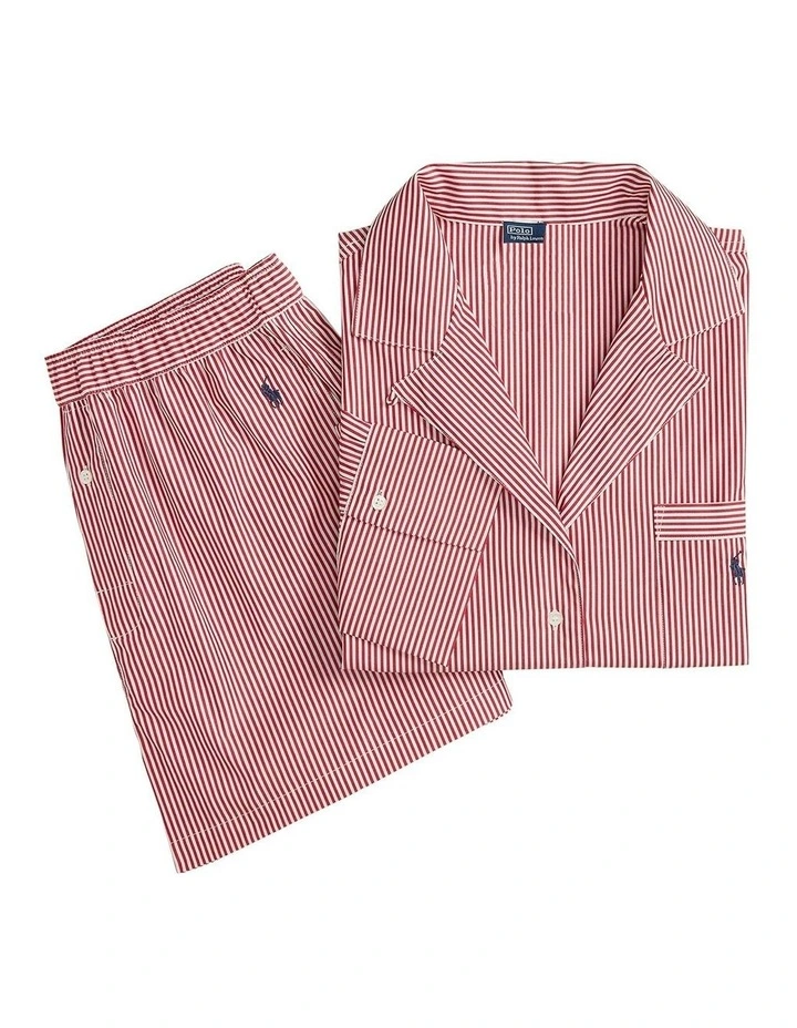 Shirting Stripes Crop Top & Boxer Short Cotton Pyjama Set in Classic Red x White Cloud image 5