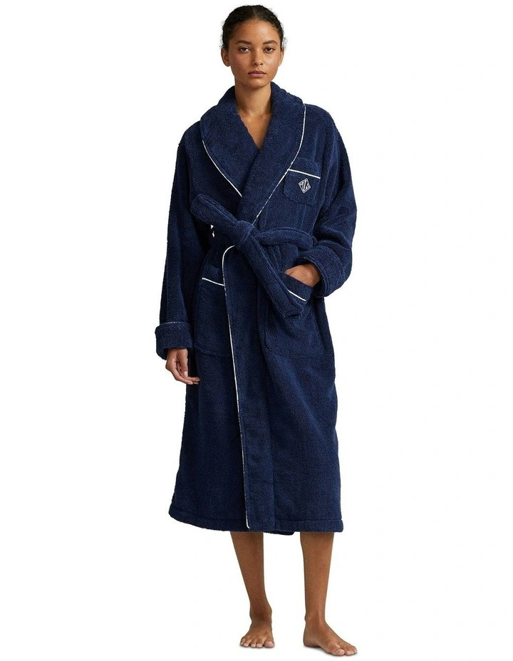 Essentials Shawl Collar Belted Cotton Terry Robe in Navy image 1
