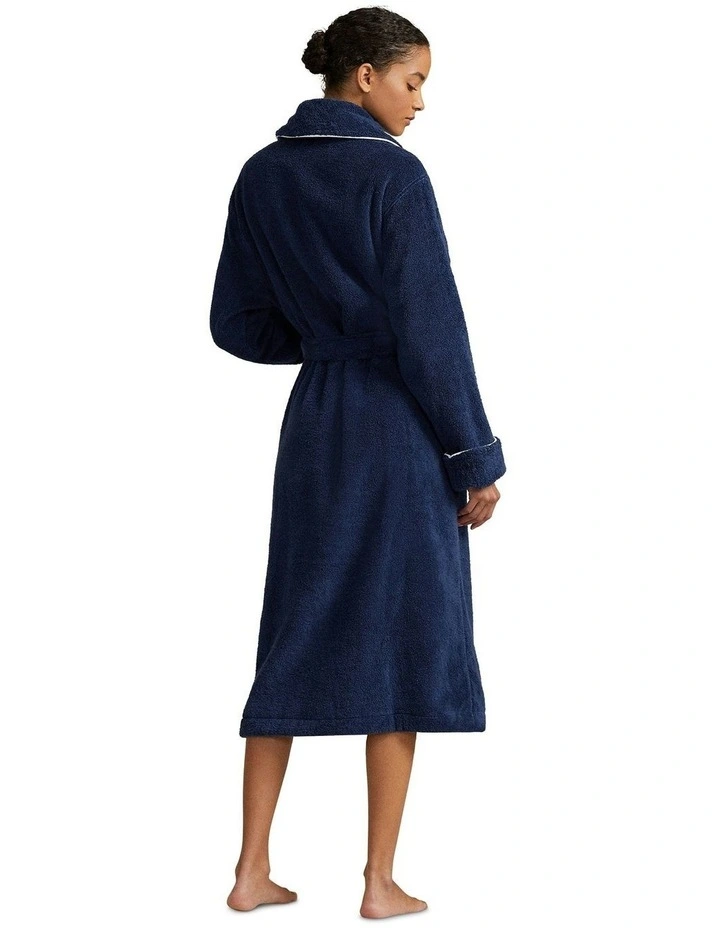 Essentials Shawl Collar Belted Cotton Terry Robe in Navy image 2