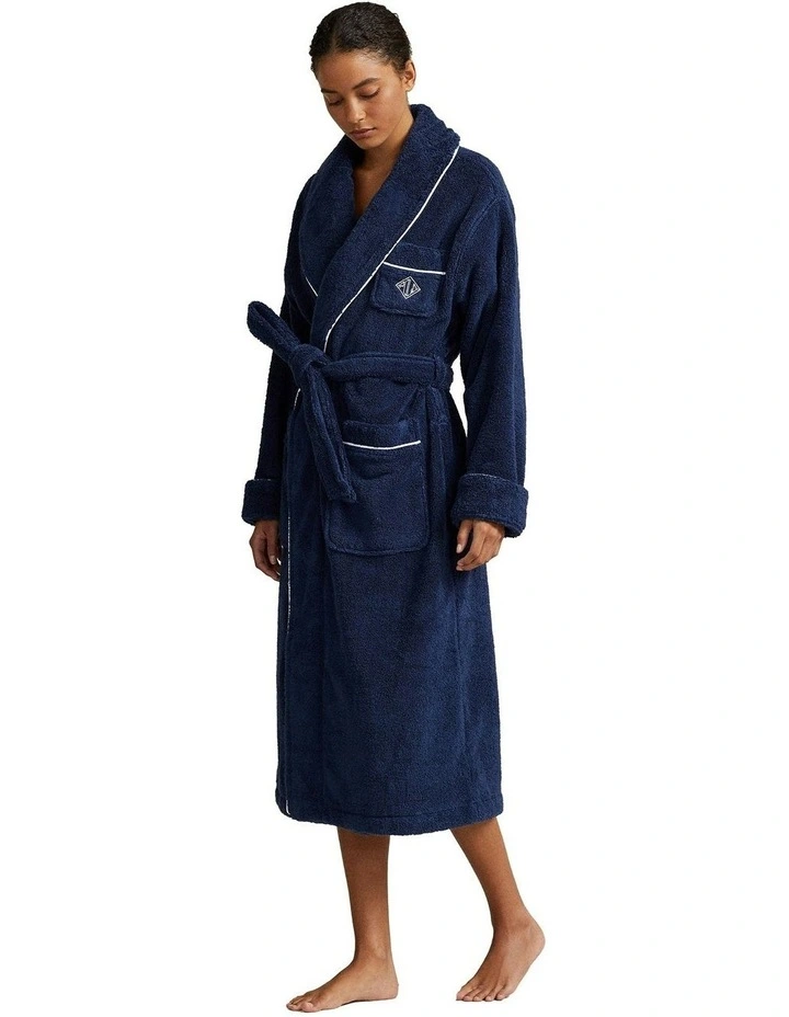 Essentials Shawl Collar Belted Cotton Terry Robe in Navy image 3