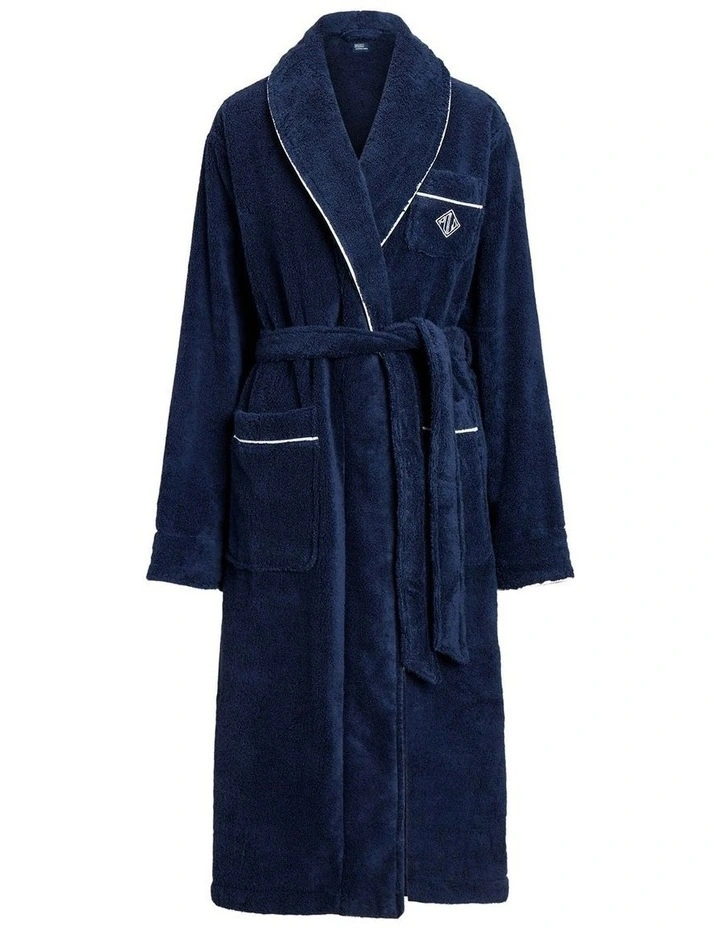 Essentials Shawl Collar Belted Cotton Terry Robe in Navy image 4