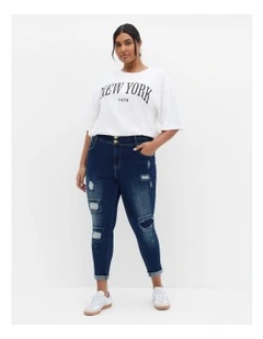 Asha Fit Patched Skinny Jeans in Dark Denim