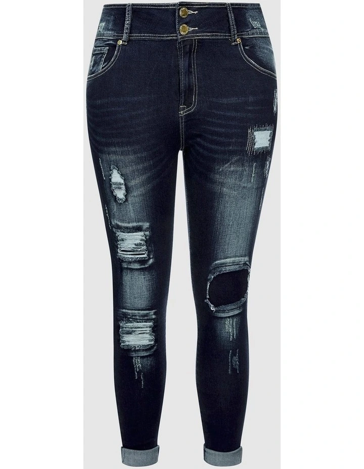 Asha Fit Patched Skinny Jeans in Dark Denim image 3