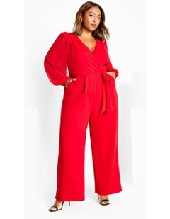 Sheer Sleeve Wide Leg Jumpsuit in Cherry