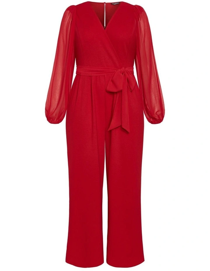 Sheer Sleeve Wide Leg Jumpsuit in Cherry image 3