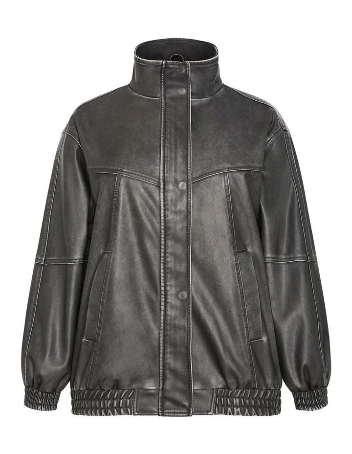 Brittney Faux Leather Bomber Jacket in Black image 3