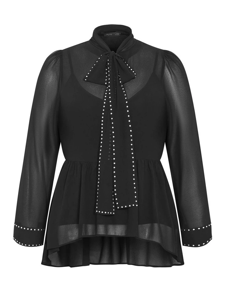 Kara Stud Tie Neck Top in Black image 3