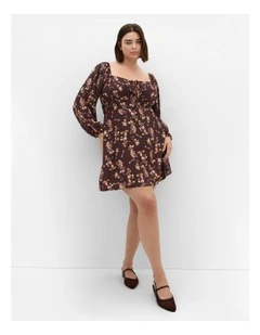 Abbie Long Sleeve Print Mini Dress in Cocoa