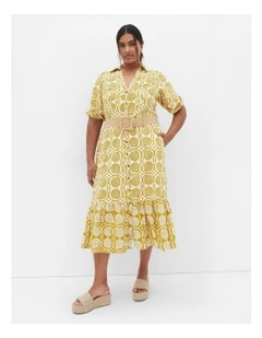 Anna Seashell Print Sleeved Dress in Yellow
